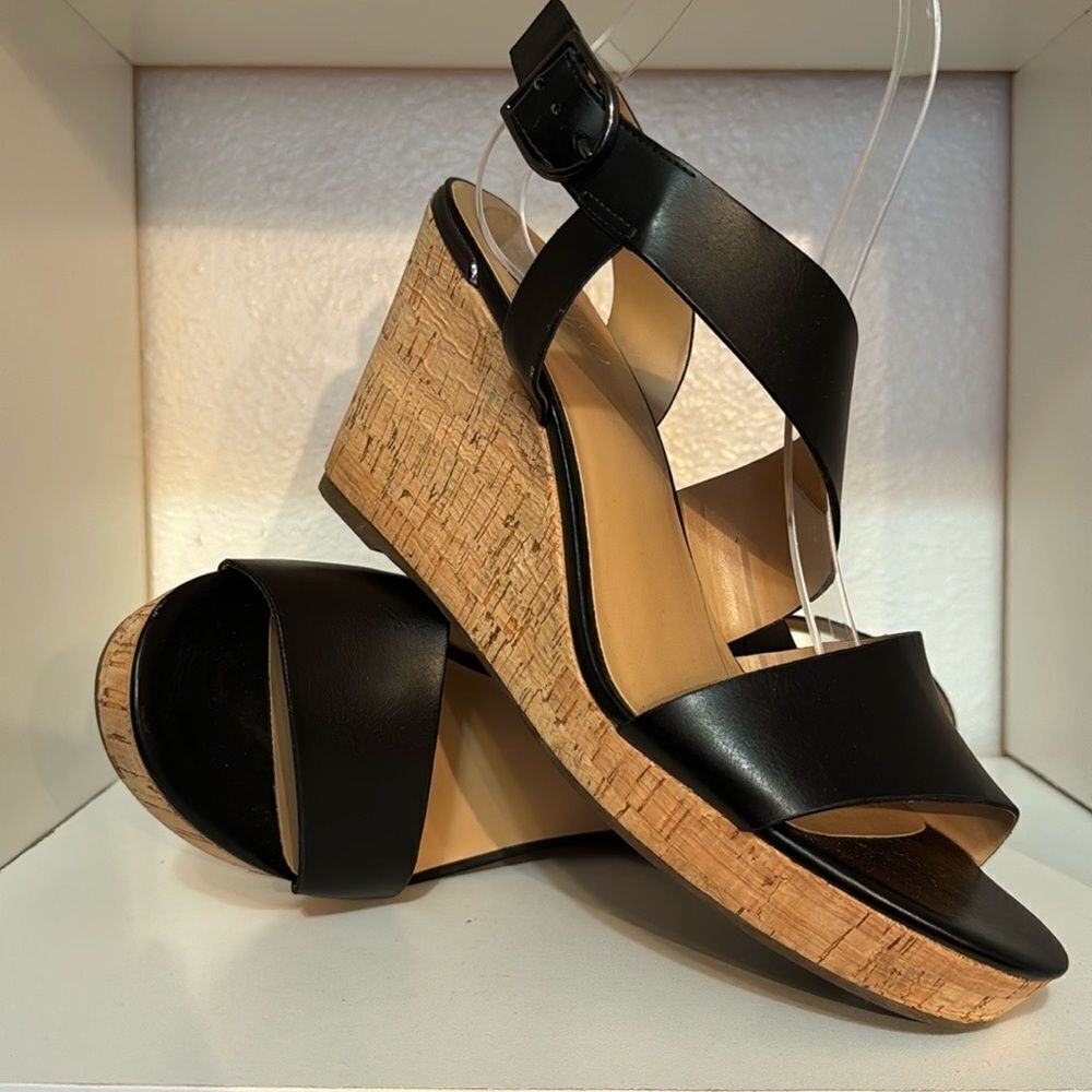 Franco Sarto Marabel Black Cork Wedge Sandals Ankle Strap Open Toe Size 10